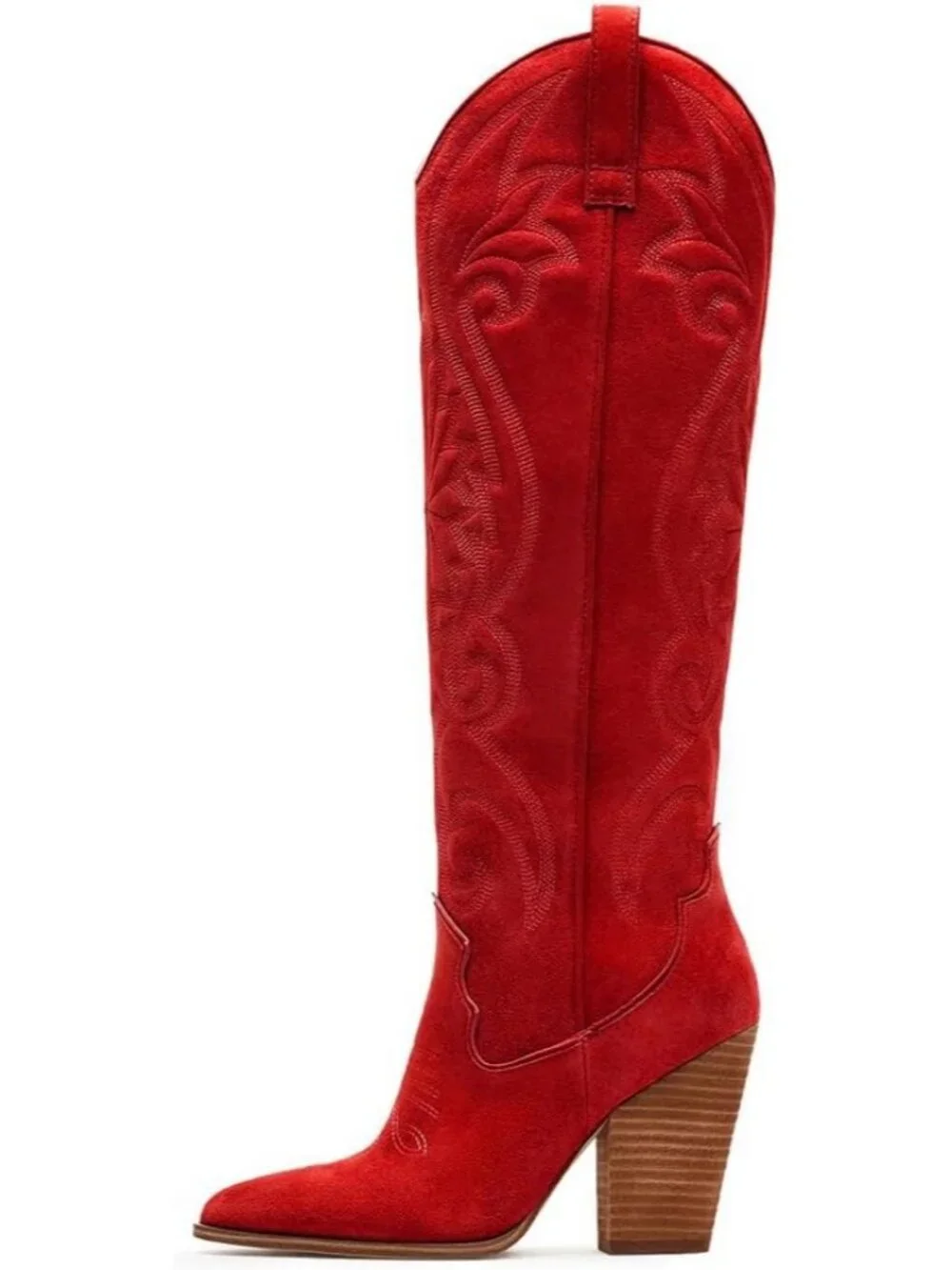 Women' Red Leather Pull-on Pointed Toe Western Cowgirl Cowboy Knee High Boots - Picture 1 of 6